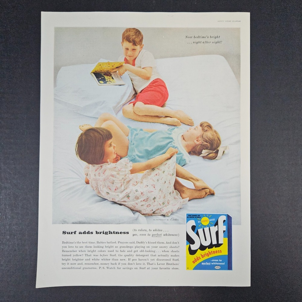 1958 Surf Laundry Detergent Vintage Print Ad Kids Laying On Bed Carter's Pajamas